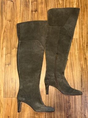 Vince Camuto women 9 Over the knee heeled boot suede leather grey olive armaceli